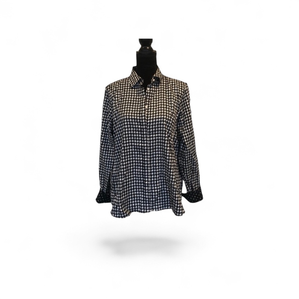 Chaps cotton button front houndstooth black white blouse top petite extra large